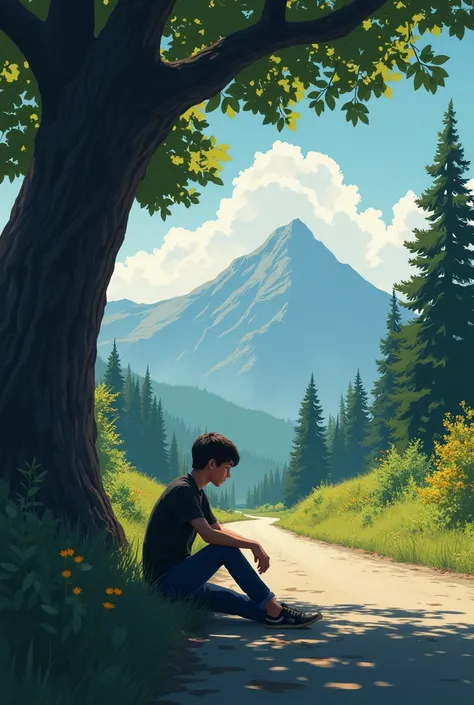 Image size should be 1920 pixels wide and 1080 pixels high. Where a 27 years old boy sitting under a tree. He was very sad. There is a road road in front of him. Behind the boy there is a mountain. There are many tree around the boy.