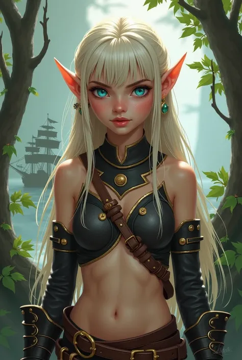 fantasy artwork, young elf woman, chalk white skin, blue and gold eyes, leather armor, collar on neck, bare shoulders, bare midriff, barefoot, warlock, pirate, pale blonde hair with fringe, cute face, jungle background with pirate ship
