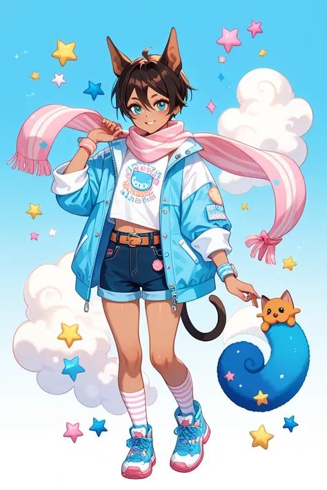 full body, femboy, fully clothed, An illustration, (masterpiece、最high quality、high quality), pure white background, Character design, Character sheet, dobermann ears, dobermann tail, A light, pastel-colored bomber jacket with subtle patterns, such as stars...