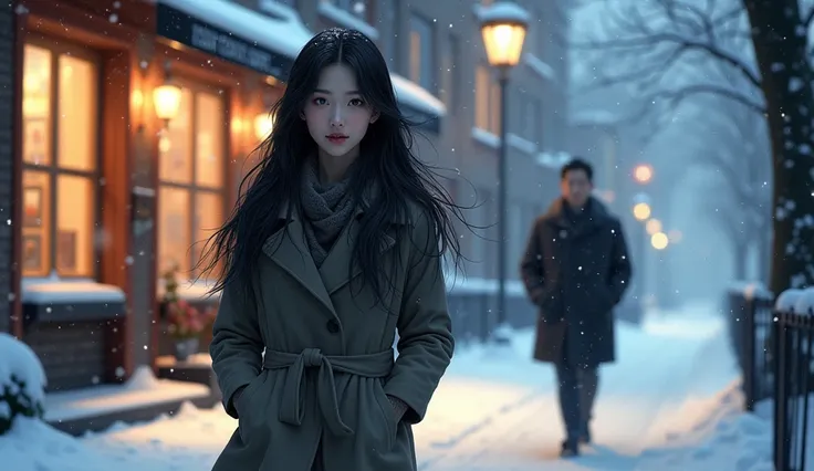  A scene where a woman walks in a coat on the street in front of a snowy cafe and Kim Tae-young follows in a black coat from a distance ,여성긴 머리의 여The castles  클로즈업,  realistic. The castles , artwork in the style of 구웨이즈,,ILYA KUVSHINOV LONG HAIR , Yang J, ...