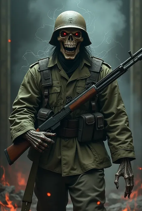 Create realistic image of a scary looking WW2 imperial Japanese with helmet and uniform and rifle zombie demon oni yokai skeleton face and body