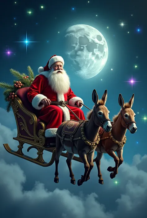 Ultra-realistic super detailed photograph of papanoel in a sleigh drawn by donkeys flying in the sky with a full moon and brightly colored stars 