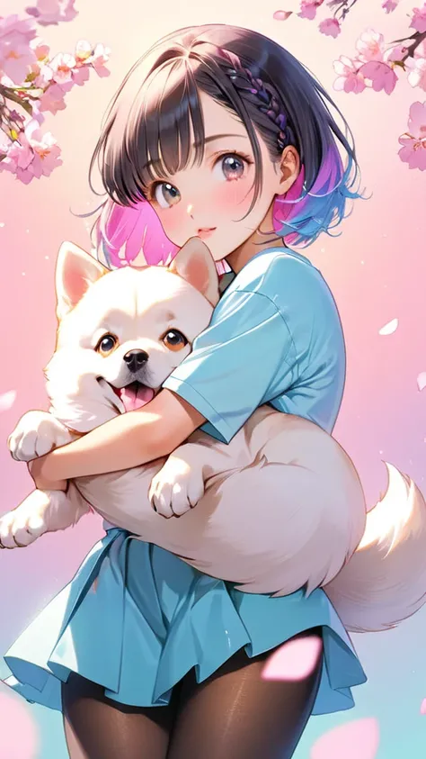 Cute girl with Hashimoto Kannas face、( best quality:1.2,  Very detailed, Latest,  vibrant ,  masterpiece:1.2,  best quality,  best aesthetics),  girl, ((  cute dog hugging pose :1.4)),  colorful hair,Short bob ponytail with braids ,  pastel colors ,  1980s...