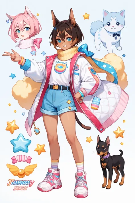 full body, femboy, fully clothed, An illustration, (masterpiece、最high quality、high quality), pure white background, Character design, Character sheet, dobermann ears, dobermann tail, A light, pastel-colored bomber jacket with subtle patterns, such as stars...