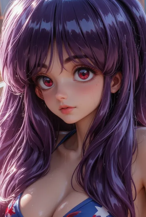  Hyper realistic image , the highest details,  a girl,4k, shampoo, wavy hair, bright colors ,(purple hair, long hair,   purple hair ,  Doble bollo, periphery,   hair ornament , hair bell ,  side locks,  purple hair ),  long hair,(realistic color eyes ),(re...