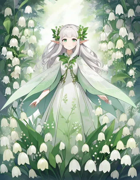  girl,White hair,Green eyes,Elfenohren,Elf wings, lily of the valley , beautiful ,Full body, standing painting, three views ,Flowerselben,Dream ,Green,Flowers, dragonfly wings , three views 