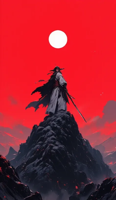 an image of a samurai with his katana in 3 colors  , white ,black and red, subido a una cima de la montaña en el centro de la imagen esta el sol en white la montaña negro el cielo rojo