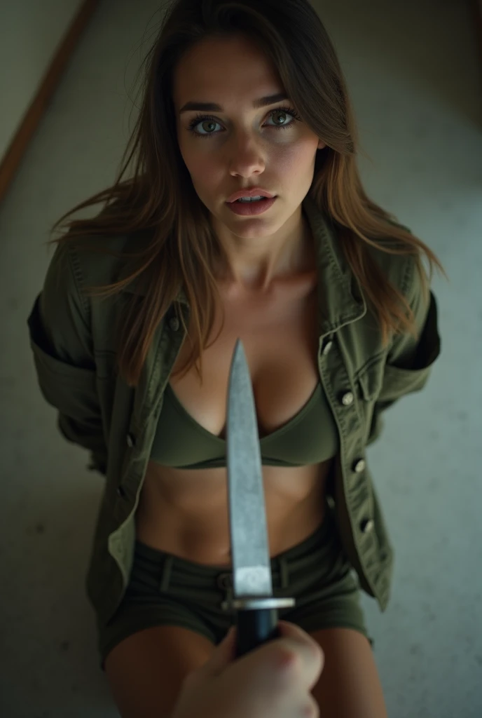 Young american woman kneeling. Her back is arched. Her skinny belly exposed. Hands behind her back. Wearing army clothes, unbuttoned shirt. Chin up. View from top, she looks at viewer. Viewer holds a big knife. Knife poking belly