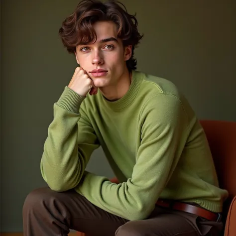 Cute hot sexy light olive-skinned petty 18-years-old senior boy with chestnut brown mid-length wavy hair, he wears a loose bun with his bangs left in soft curtains, and his almond eyes colour are chocolate brown, along his peachy heavy low lips, His side p...