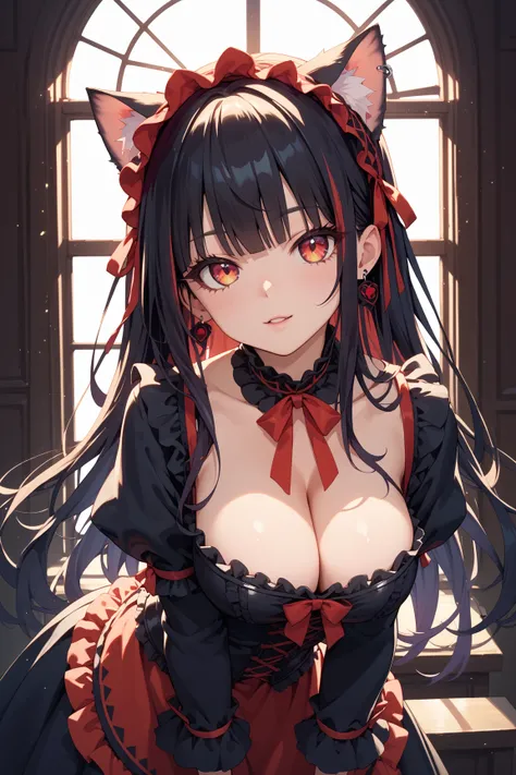 ((Cat Ears & Gothic Lolita)) , long hair , Leaning forward, Cleavage