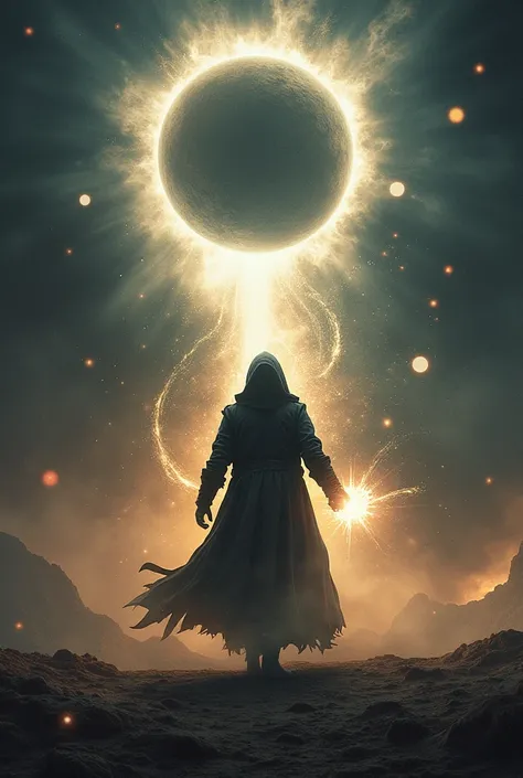  A hooded figure holding a glowing artifact  (like a globe of light ),  moving toward a dimensional portal .  The portal opens to reveal a chaotic space with planets,  glowing lights and an eclipse in the background .