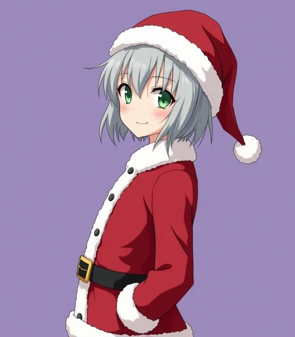  An 18-year-old anime-style man , To Love Ru, standing with a purple background .  measures 1 ,71 cm, You have silvery-gray hair , Her eyes are water green, You have a cheerful expression when you say something with a smile, He wears a Santa Claus outfit ....