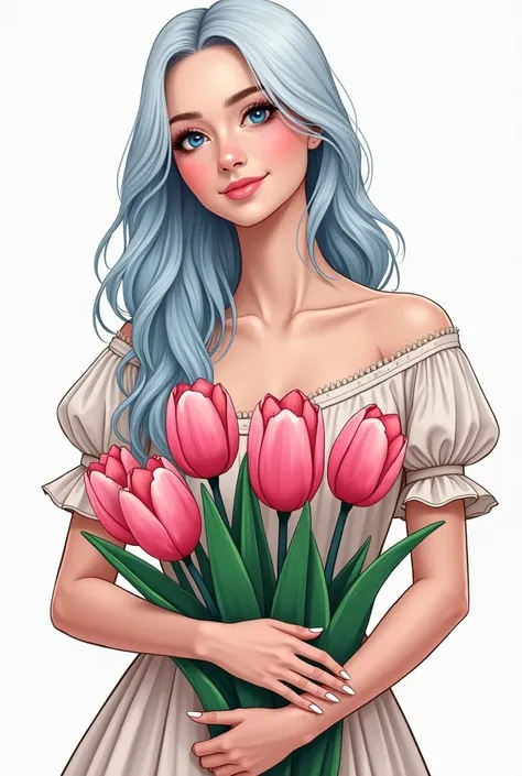 Draw an adult woman with a bouquet of flowers in her arms in an illustration style . The bouquet consists of 4 pink tulips, so .  The woman has long blue white hair and dark blue eyes.  I wish she was wearing a gorgeous dress like a European aristocrat .