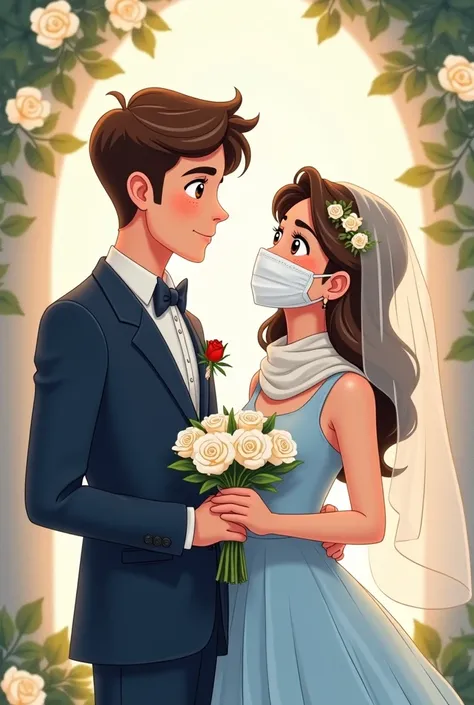 A picture of the engagement but it will be cartoon and the groom and the bride will look at each other in love while he is wearing a navy suit and she is wearing a baby blue dress and they are not bad. I provide some details like Kusha and the bride is a w...