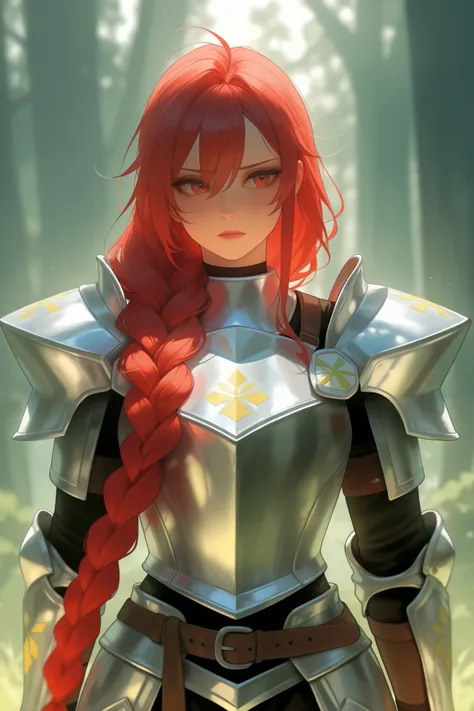 A female warrior in armor, long red braid, calm facial expression.