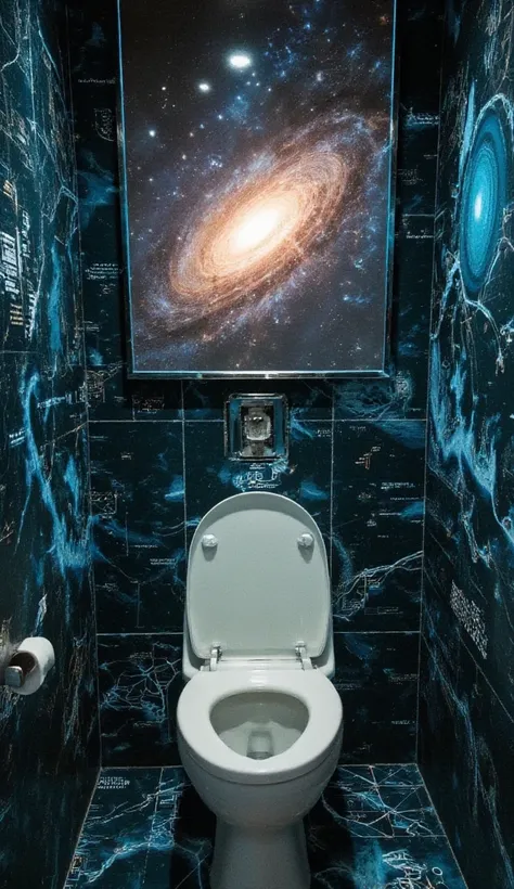 A teleportation-themed restroom located inside a futuristic transportation hub. The walls are covered in glowing maps of interstellar routes and wormholes, constantly shifting and updating in real time. The toilet is a sleek, white and chrome pod with embe...