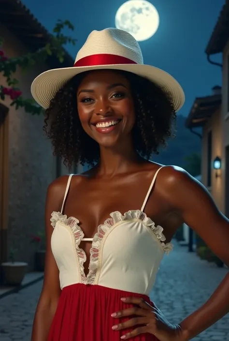 a black woman with dark skin and curly hair,  wearing a white Panama hat with a red stripe, and a white and red frilly dress.  She is standing in front of a nighttime setting with bows and a full moon in the sky.  Your expression is elegant and confident ....