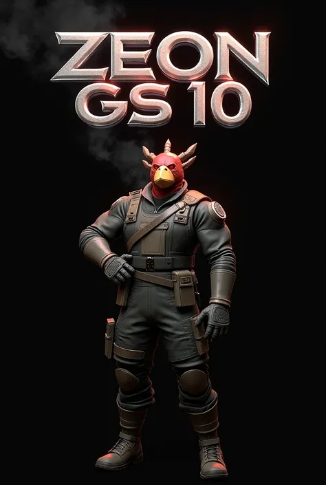 A 4D realistic -style logo for "ZEON GS 10" Text 3D Theres a stylized character resembling TRUCUKAN BIRDS with red eyes, wearing a military uniform and holding a weapon, and a confident pose. The characters eyes glow. Above the character, theres the text "...