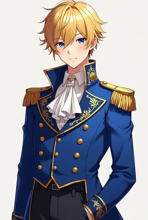 An outfit that has a very vintage and royal charm to it for a young anime man. It consists of a royal blue tailcoat with intricate gold embroidery details, featuring a high collar, gold buttons, and a sash. Completing the look is a pair of high-waisted tro...