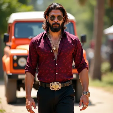 A confident and stylish man walking with charisma, wearing a bold maroon patterned shirt, black trousers, and accessorized with gold jewelry, sunglasses, and a belt with a detailed buckle. He has a rugged beard and long hair, exuding a powerful and dynamic...