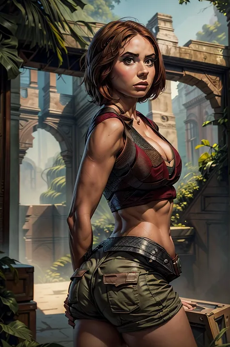 Karen Gillan, masterpiece quality, (masterpiece quality:1.5), high res, realistic, lots of detail, alone, 1girl, (1girl:1.9), solo, (solo:1.9), in a jungle, ancient ruins in background, wearing red blouse, midriff, (midriff:1.5),focus Very short mini short...