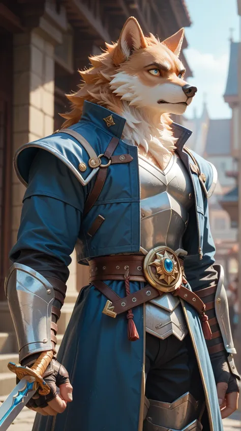  blue jacket、 holds a large sword、 Strong Eyes 、 devastated world、Wrap wolf fur around your waist、Heavy armor on the lower body 