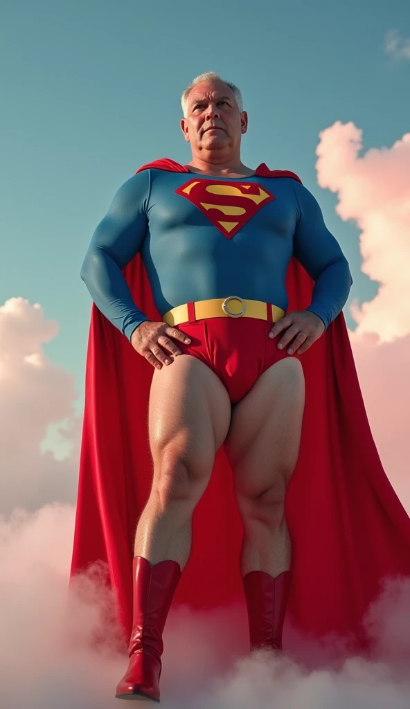   An overbearing man showing a close-up portrait of a person ,  A strong and fat man wearing a supergirl costume from the 1980s ((60 year old ;  Supergirl 1980s costume ; Stick to the body; beautiful and elegant;  brunette ,  A few strands of white thread ...