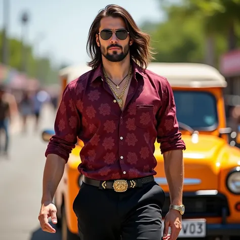 A confident and stylish 18 years man walking with charisma, wearing a bold maroon patterned shirt, black trousers, and accessorized with gold jewelry, sunglasses, and a belt with a detailed buckle. He has a rugged beard and long hair, exuding a powerful an...