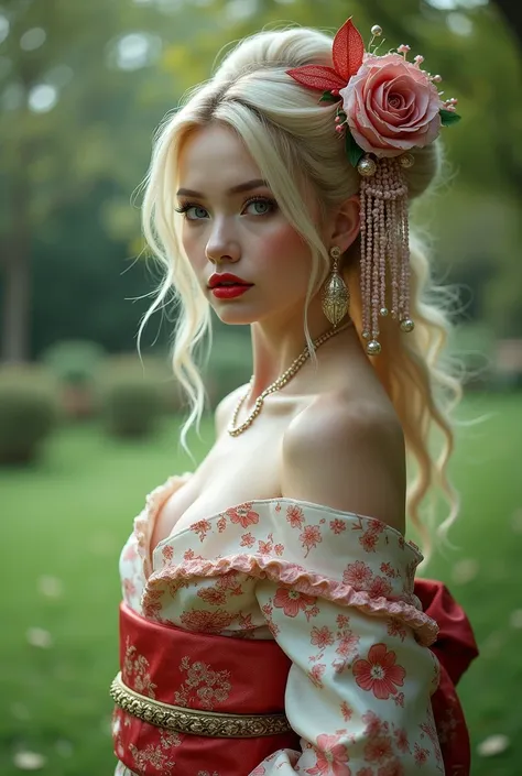 Full length portrait of a beautiful female model, blonde hair, smooth skin, blue eyes, fantasy makeup, red lips, dressed as a geisha in a park looking at the camera, sensual and sexy body. . pose. realistic, in Super 8K, super detailed sculpture and realis...