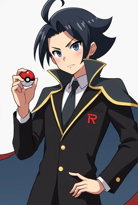 Create the image of a male Pokémon trainer with black hair , wearing black dress clothes with Team Rockets r symbol on the chest and a cape on the back. The trainer is holding a Pokéball with a serious expression on his face . The scene is dynamic, with a ...