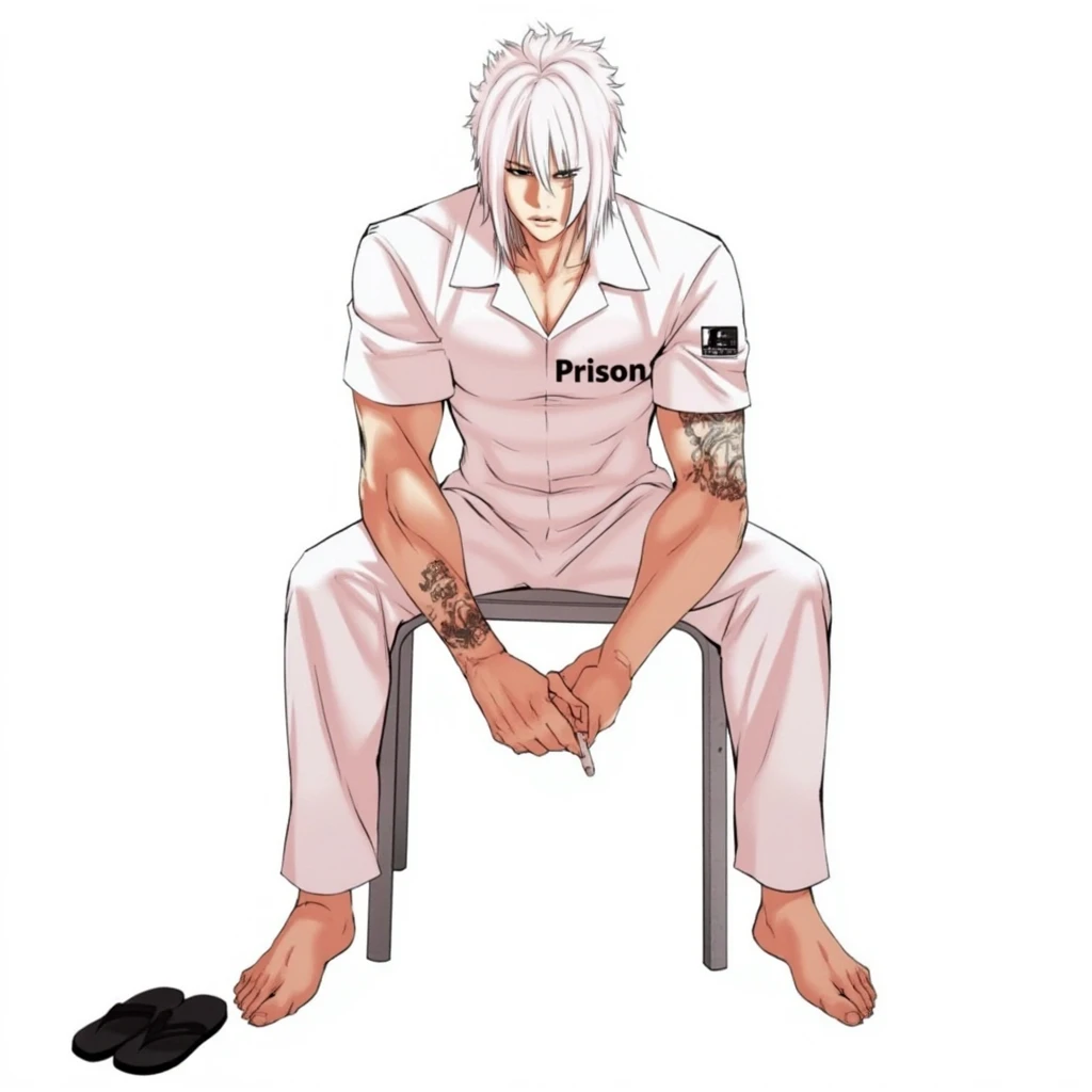 A character from "Lookism Manhwa" featuring a muscular man with short, spiky white hair and a stern expression, wearing a white jumpsuit with "Prison" written on the chest. He is sitting on a metal chair with his legs crossed, one hand resting on his knee,...