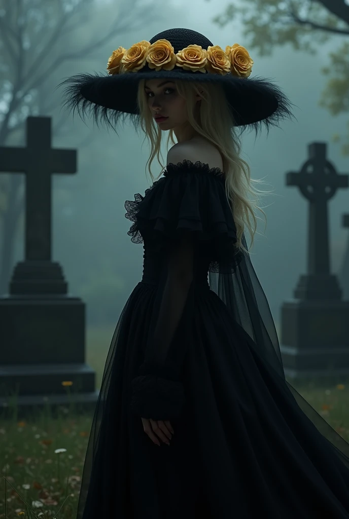 A beautiful very pale blonde woman all in black with a black hat with golden roses covering her face in a cemetery at night 