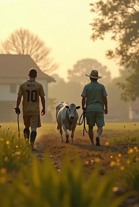 Peaceful Village Morning*  
- Wide shot of a serene village.  
- Lionel Messi, dressed as a farmer, is plowing the field.  
- Cristiano Ronaldo, wearing a cowherd outfit, is walking behind a cow, guiding it gently.  
