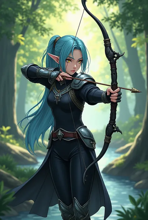 (Art work,  maximum quality,  best quality, official art,  handsome and aesthetic :1.2)  An anime Elf in a forest with a stream,  light blue hair,  golden eyes,  fair skin ,  black clothes ,  silver armor, aiming with an iron bow and arrow .