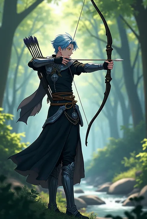 (Art work,  maximum quality,  best quality, official art,  handsome and aesthetic :1.2)  An anime Elf in a forest with a stream,  light blue hair,  golden eyes,  fair skin ,  black clothes ,  silver armor, aiming with an iron bow and arrow .