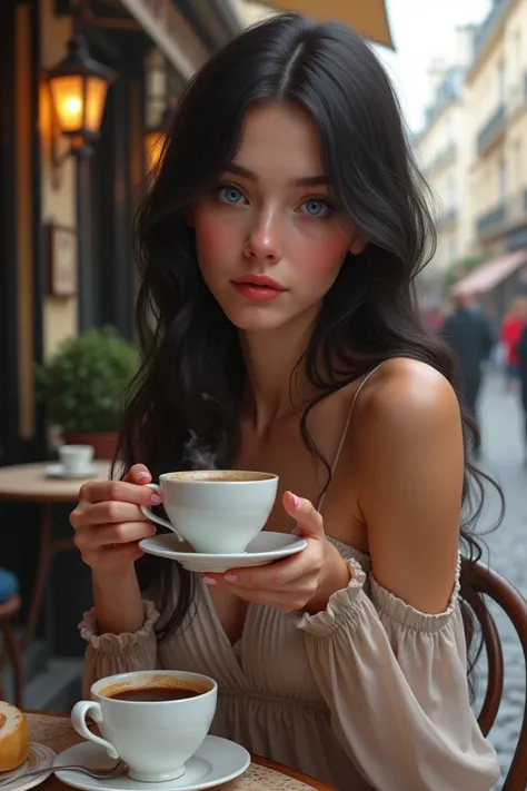 Woman with long hair,  Blue Eyes, having coffee in Paris .