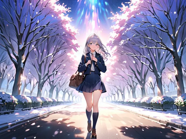  top quality 、 a high school girl walking in a park with a beautiful starry sky、clear、Silver glasses、 with bangs、Long, glossy hair 、 flushed cheeks、 smiling 、 charming smile 、 gray peacoat 、gloves、 short navy blue pleated skirt 、 beautiful smooth thighs 、 ...