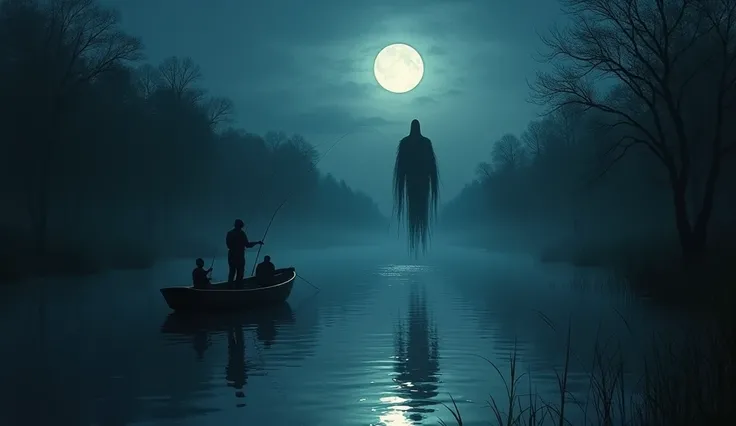 Dark shadowy figure gliding over calm river water, following a small fishing boat, fishermen looking in horror, moonlit sky and dense forest in the background.