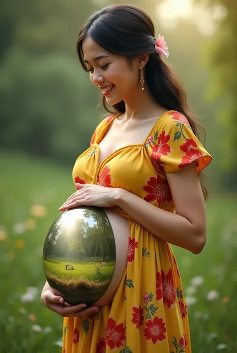 THE IMAGE OF A PREGNANT WOMAN IN A YELLOW AND RED FLORAL GREEN DRESS WITH HER HANDS ON HER STOMACH WITH A SMILE AND CLOSED EYES THAT INSIDE HER BELLY DEPICTS AN IMAGE OF A QUIET WORLD BEGINS WITH THE CONCEPT OF LIFE FROM HERE