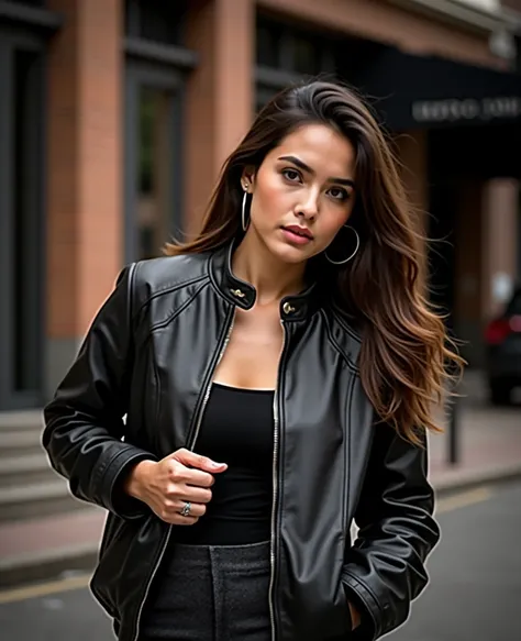 ผู้หญิงอาราฟเฟ่Wear a leather jacketสีดำและเสื้อเชิ้ตสีแดง, Wear a leather jacket, เธอWear a leather jacket, leather clothes, Wear leather coat, Dressed in black leather, leather clothing, Wear a leather jacket, Wear leather jacket, Wear a full-body leathe...