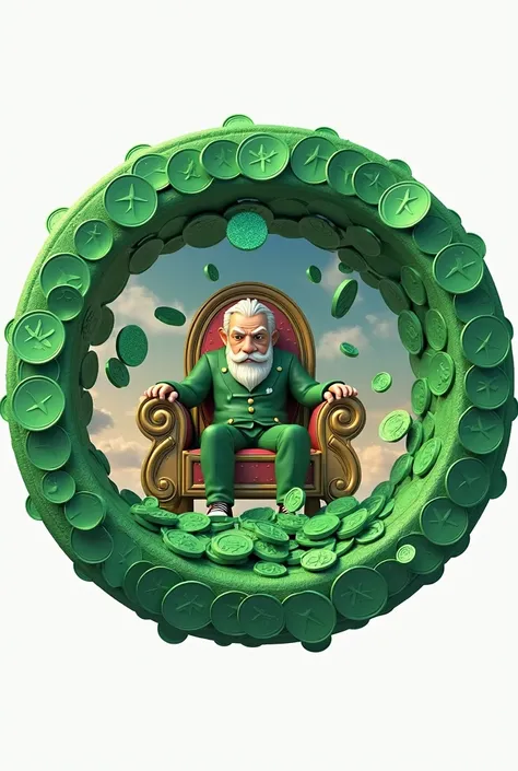 Pepecoin with green coloured coin as provided in image raining from sky and pepelord sitting on throne(face should be like that of the provided image)