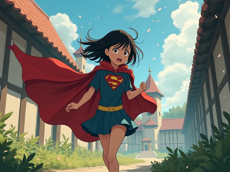 Studio Ghibli, school girly anime, startled 1970s dark haired panicked 9yr old girl , lost searching expression, wearing Superman red cape, high wind swept miniskirt, medieval girls school for heros