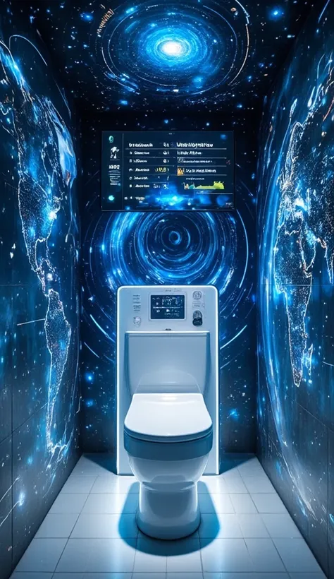 A teleportation-themed restroom located inside a futuristic transportation hub. The walls are covered in glowing maps of interstellar routes and wormholes, constantly shifting and updating in real time. The toilet is a sleek, white and chrome pod with embe...