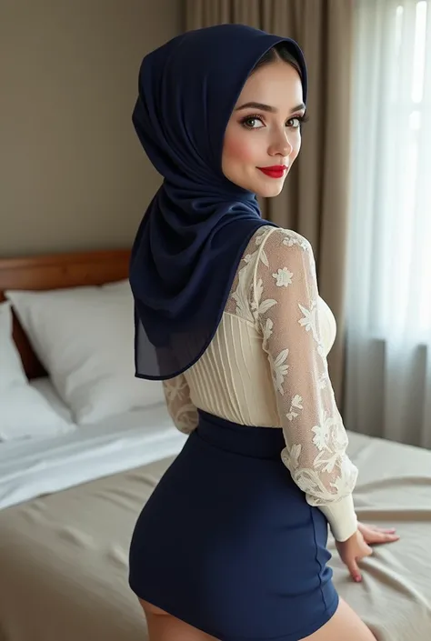 Photorealistic european young hijabi woman, 160cm tall, ((smooth skin, pale skin)), red lipstick, long eyelashes, full lips, wide lips, big eyes, smokey eyeshadow, eyeliner, ((wearing tight cream lace top, tight sleeves, mini tight smooth navy blue skirt, ...