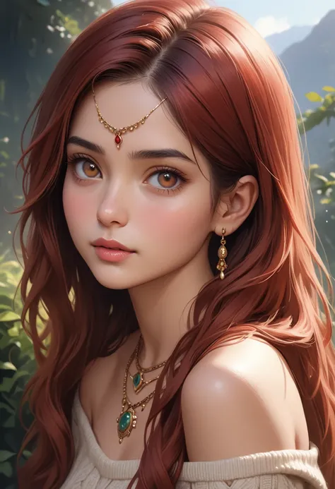 ((masterpiece,Highest quality;1.3,best illustration,realistic:0.8)),a Shouth Indian cute girl,30 year old, solo, long hair, small breasts, looking at viewer, red hair, bare shoulders, brown eyes,gorgeous eyes,(very small head:1.3,toned body,slender body), ...