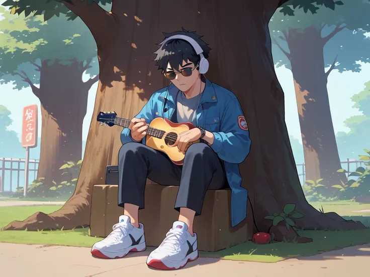 High Resolution, Short Hair, Bangs, Black Hair, Guy, shades, headphones, holding guitar sitting under a tree, blue jacket, grey tshirt, black pants, white shoes, 