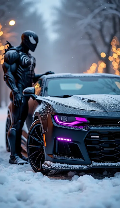 
"A Chevrolet Camaro with a matte black finish, accented by glossy black tendril-like patterns crawling across the body, inspired by Venoms symbiote. The car features glowing purple lights on the grille, rims, and headlights, giving it a sinister and menac...