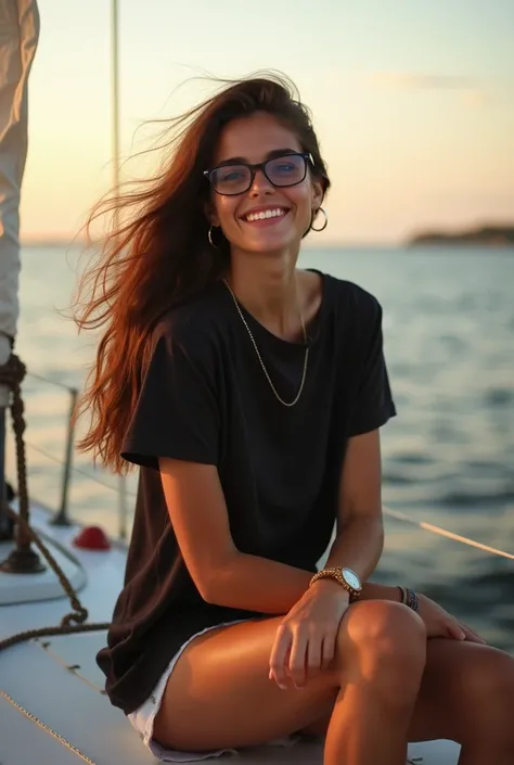 prompt: full body 30 year old  (preppy:1.1)  brown long brunette hair woman ,  sitting with one hand holding a boat strap next to it ,  and one hand touching a button with slightly messy hair carried away by the wind The sea looks up slightly with both leg...