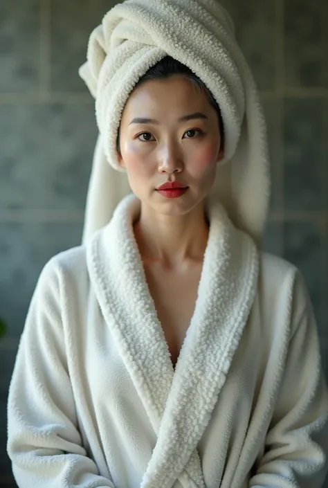 Extremely photorealistic a beautiful youthful looking gray haired Chinese women with a smooth face wearing a lot of makeup and a lipstick as a 50 years old wom an wearing a shower gown with a towel on her head completely covering her head and cleansing at ...