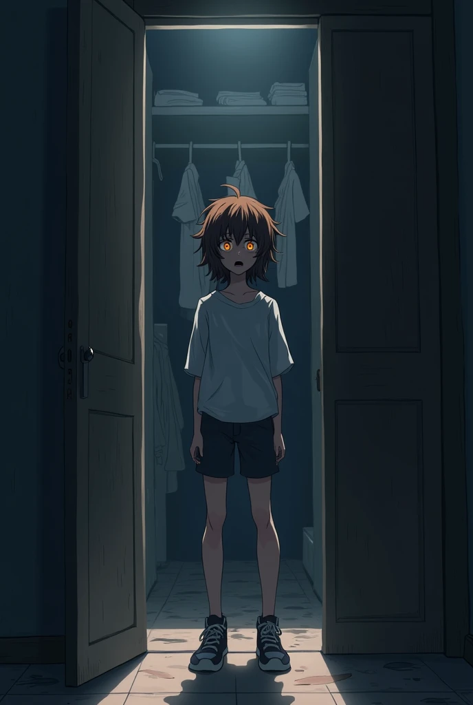  A  with messy brown hair ,  standing in the center of the bedroom ,  looking at the wardrobe with an expression of panic .  The wardrobe doors are open ,  revealing only old clothes ,  but now the knocks come from outside , close to the  .  The moonlight ...